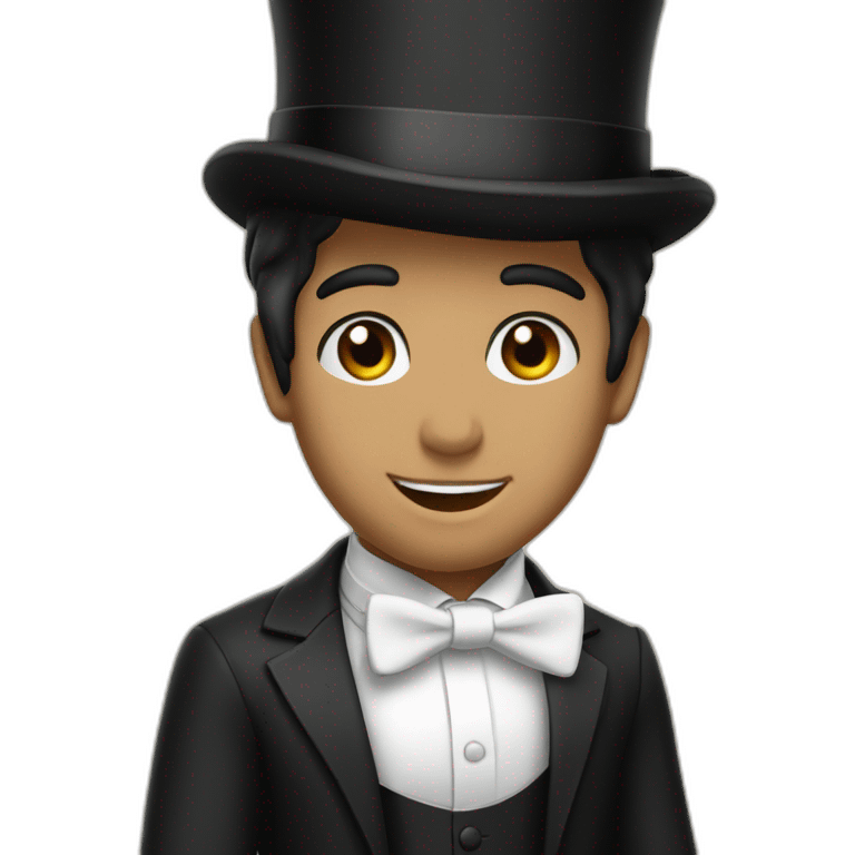 Full head young man, black hair, white bow,, white bow tie, black suit and top hat, emoji