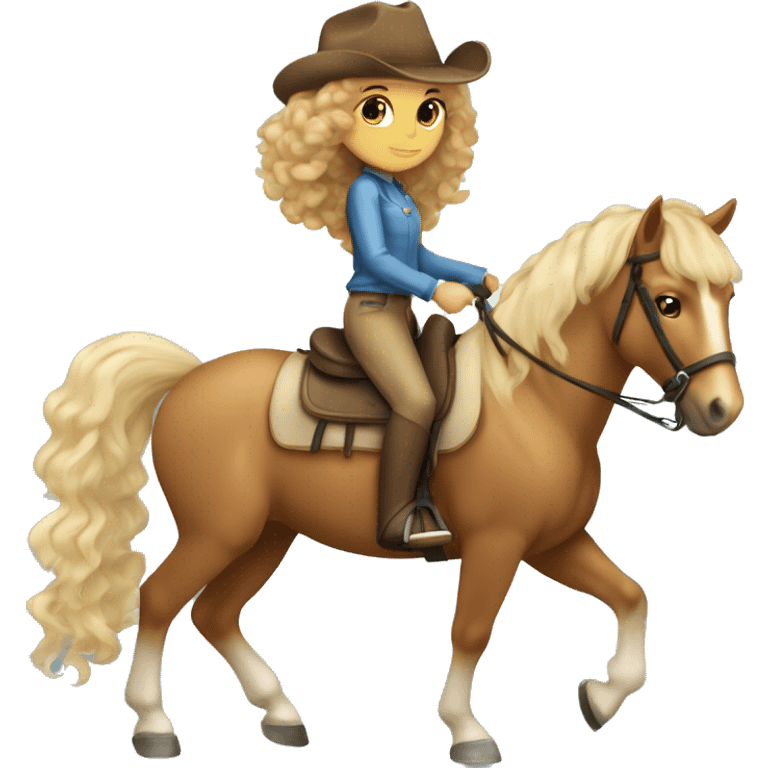 Tan girl with brown curly hair on horseback palomino horse with blonde mane and tail  emoji