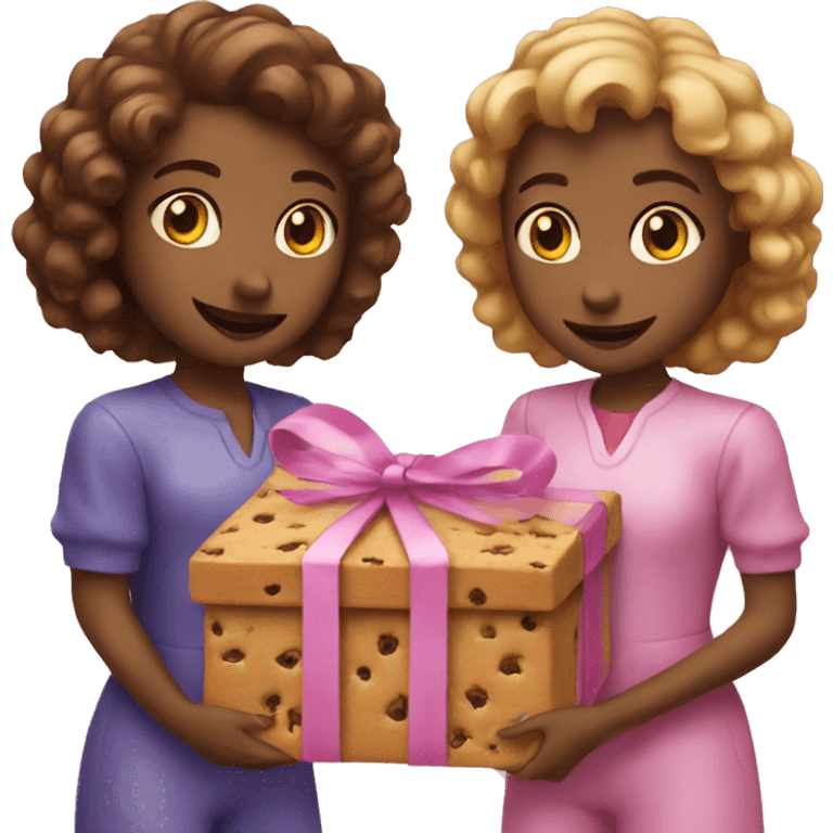 Two girls holding a pink box full of cookies emoji