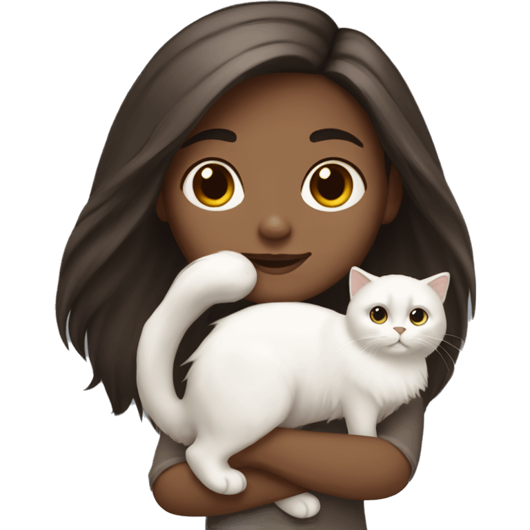 Dark brown straight hair girl with holding fluffy Siberian white cat  emoji