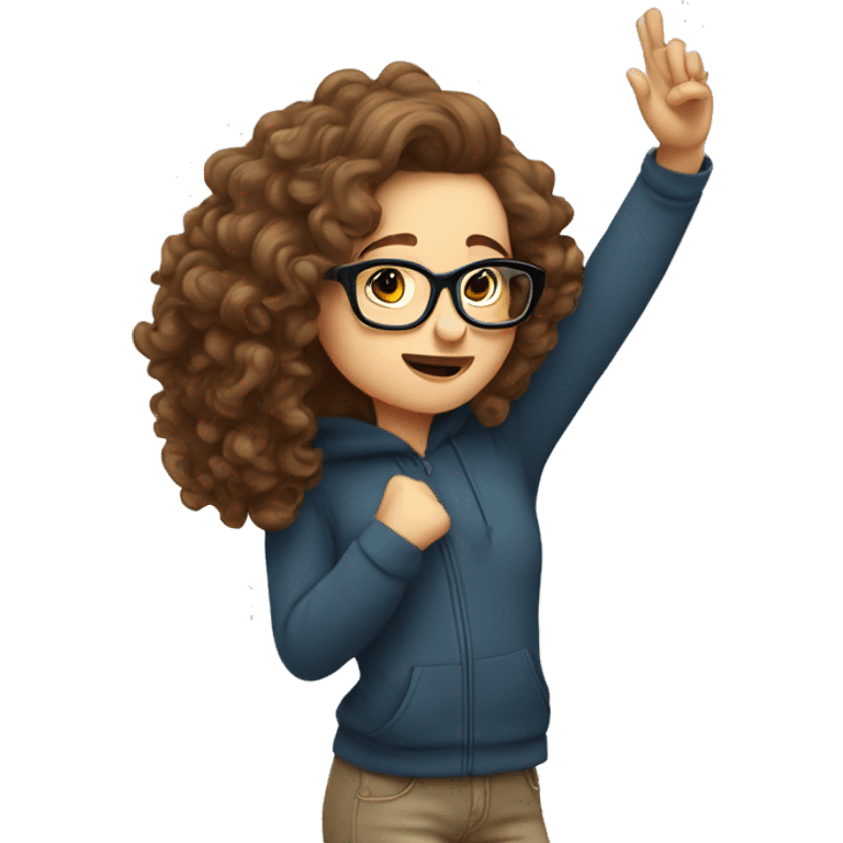 White girl with curly brown hair and glasses doing a dab emoji