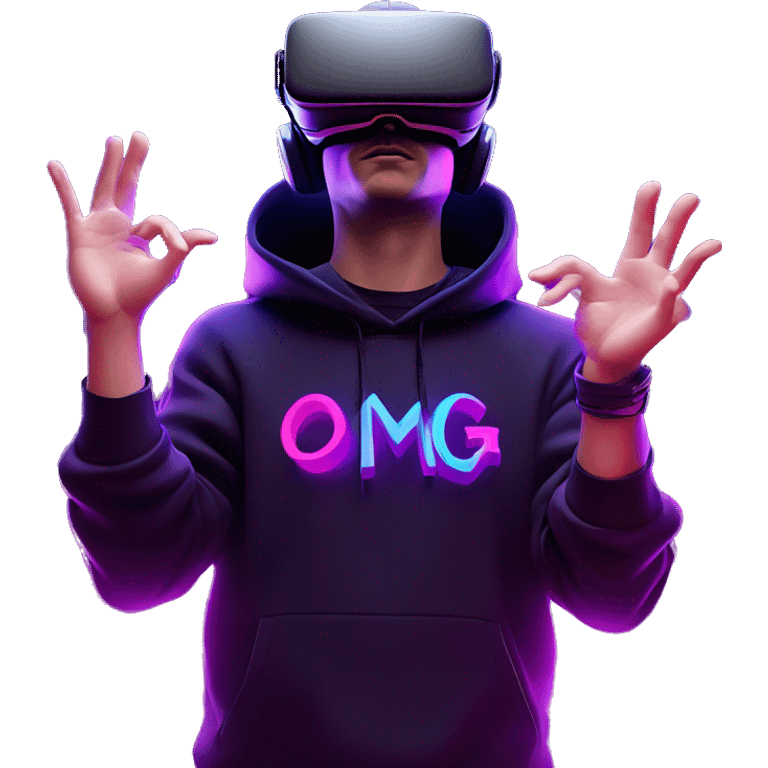 Russian man wearing a black hoodie with "OMG" letters on it and VR headset oculus quest 2 in a cyberpunk VR environment with violet neon lighting. Showing direction with hand emoji