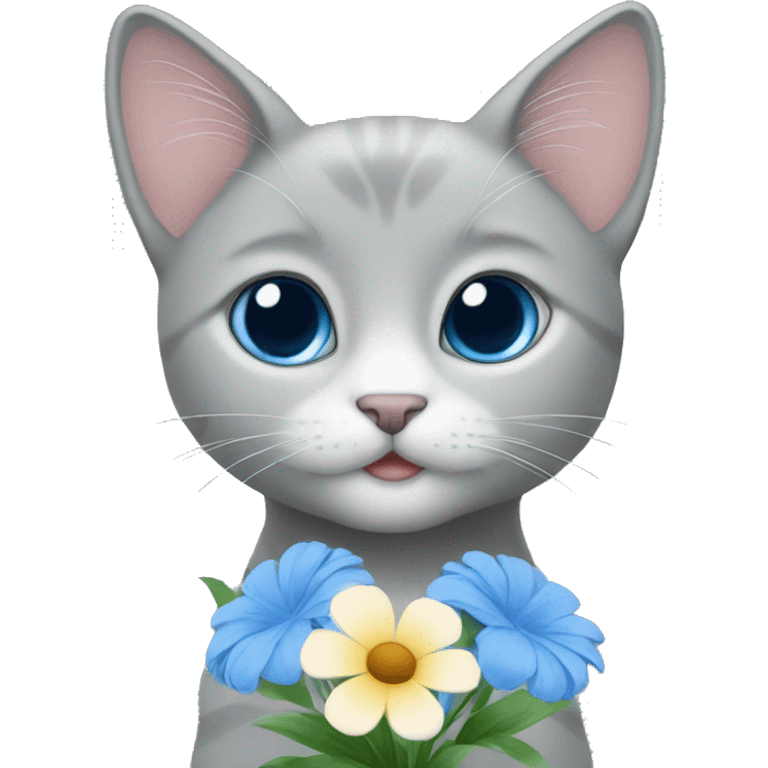 blue eyes grey kitten and flowers  emoji