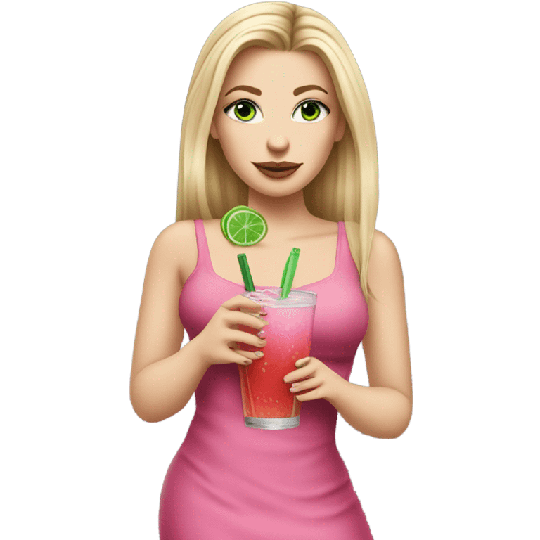 Realistic White girl with Long straight blonde hair, green eyes, tattoos, full body wearing dress and High heels, holding pink drink emoji