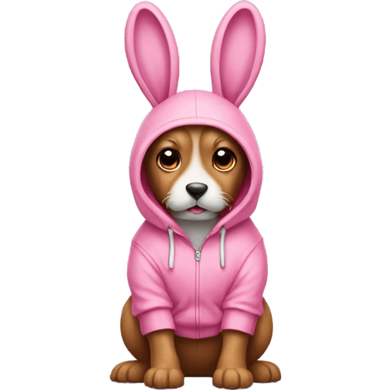 A pink bunny wearing a hoody riding a dog emoji