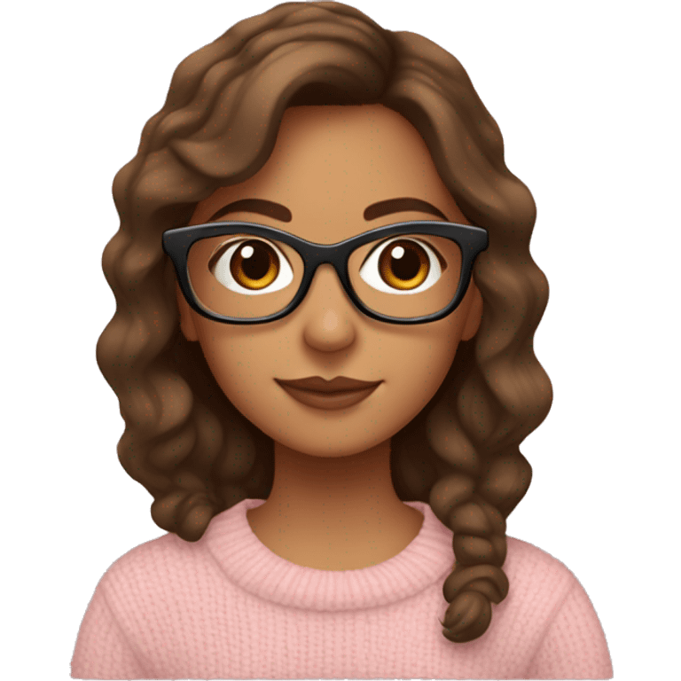 hispanic girl with vintage tortoise glasses and a light pink sweater with brown hair emoji