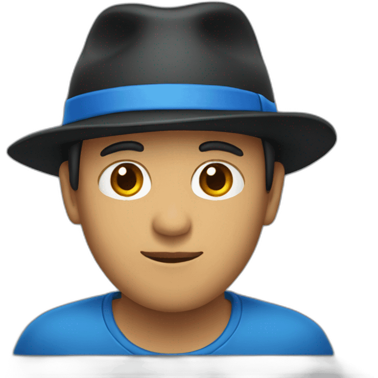 A person wearing a blue shirt and a black hat emoji