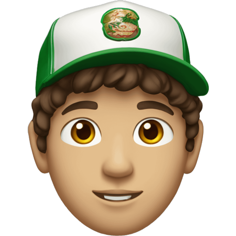 Teenager boy type mexican, White skin, with baseball cap backwards, with wavy brown hair (Which go down behind to the nape of the neck), Little bit dezoom emoji