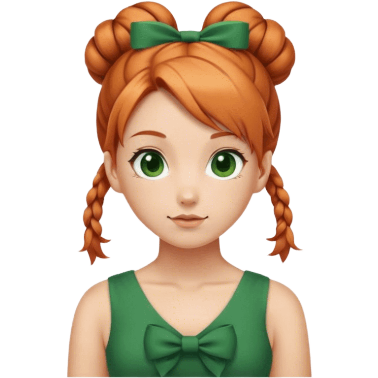 school girl with  1 bunns bow   red blond mix hair  in green dress  emoji