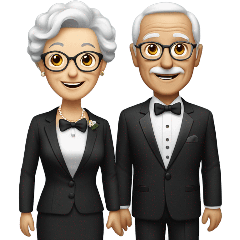 Elderly couple smiling in formal attire, tuxedo, brown hair emoji