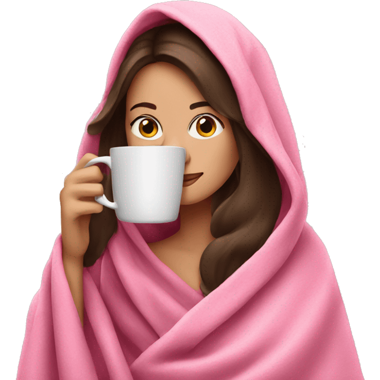 Brunette Drinking coffee wrapped in pink blanket emoji