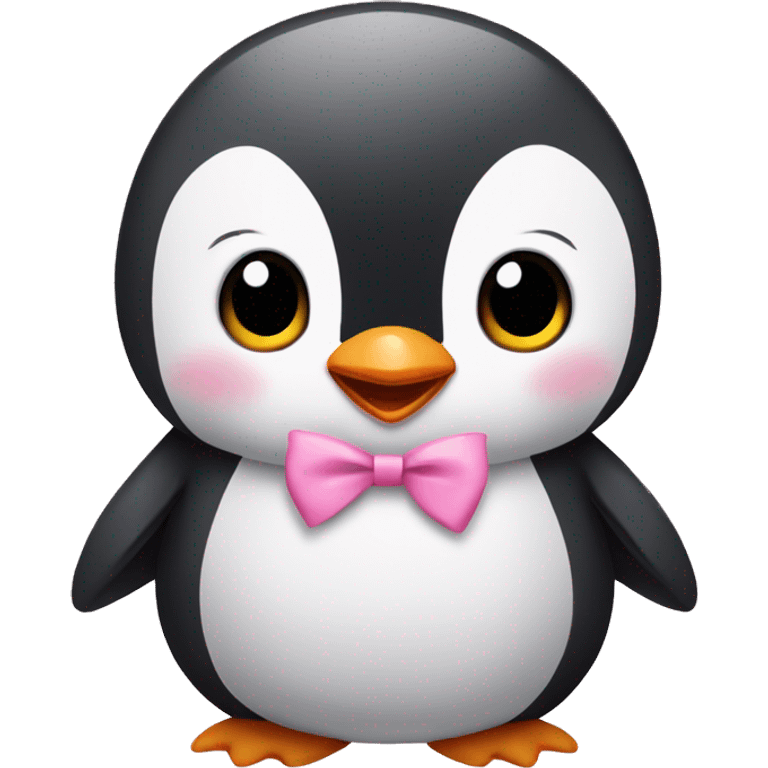 Baby penguin with pink bow on head, pink blushing cheeks emoji