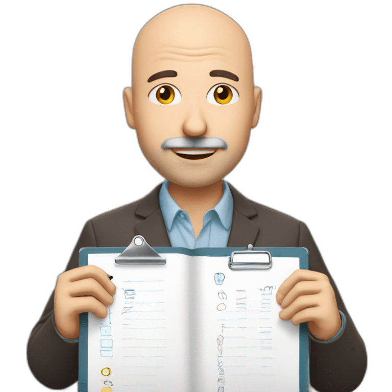 middleage bald male white with some facial hair holding checklist with a pen emoji