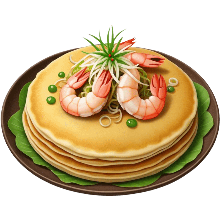 Cinematic Realistic B√°nh x√®o Dish Emoji, depicted as a crispy Vietnamese pancake filled with shrimp, pork, and bean sprouts rendered with dynamic textures and vibrant, appetizing lighting. emoji