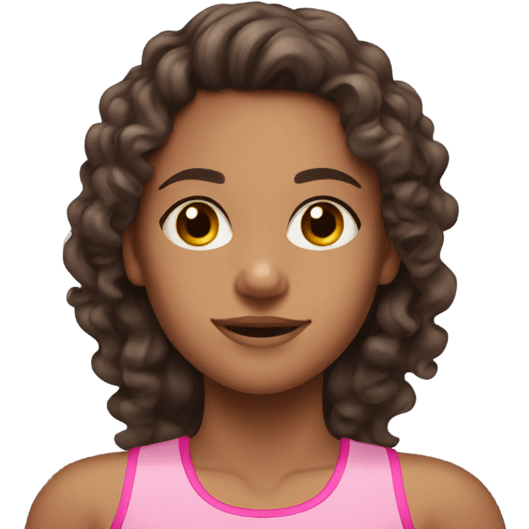 Tan girl with long dark brown curly hair in pink gym wear  emoji