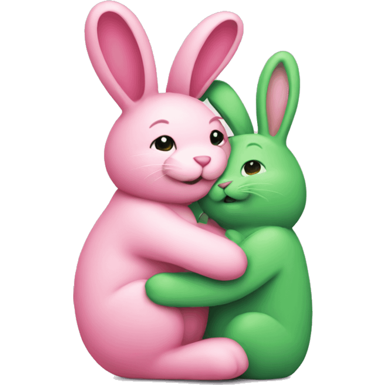 Green bunny hugging pink bunny emoji