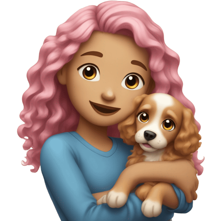 Please create a girl who hugs her pet doggie. The girl has a cute face and so does the doggie. The girl has light skin, blue eyes and pink wavy long hair. emoji