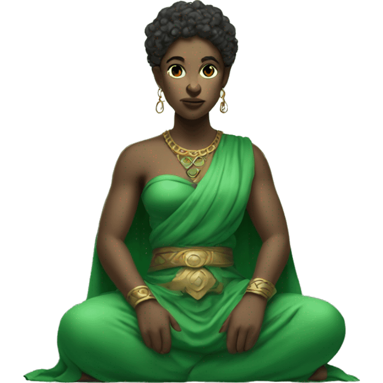 seated female god wearing green clothes  with piercing gaze  emoji