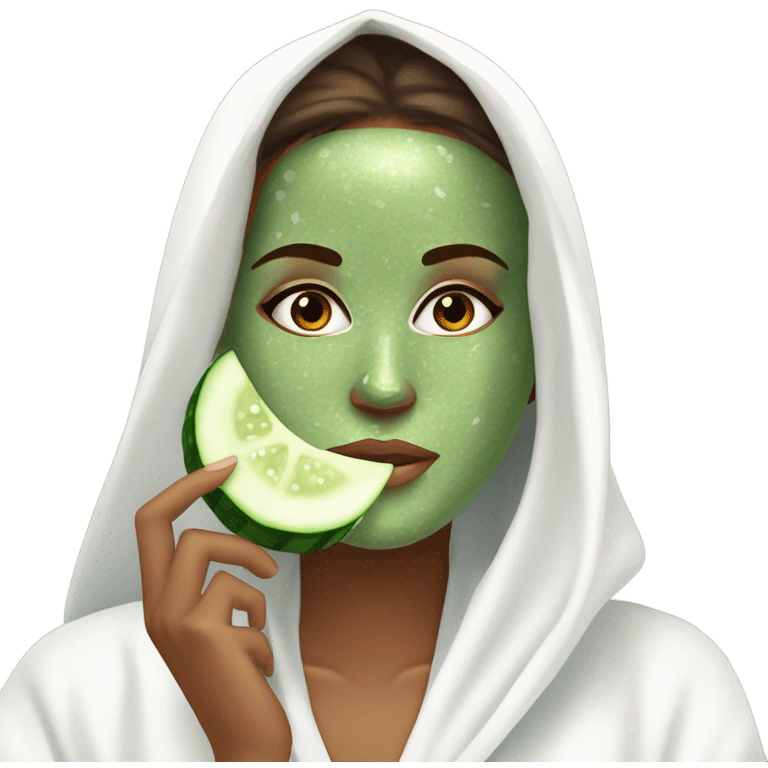 Girl with freackles Brown hair white skin and blue eyes wears Green colored texture skin care mask all over her face while She relaxes and puts two round piece of cucumber on her closed eyes In a white Robe emoji