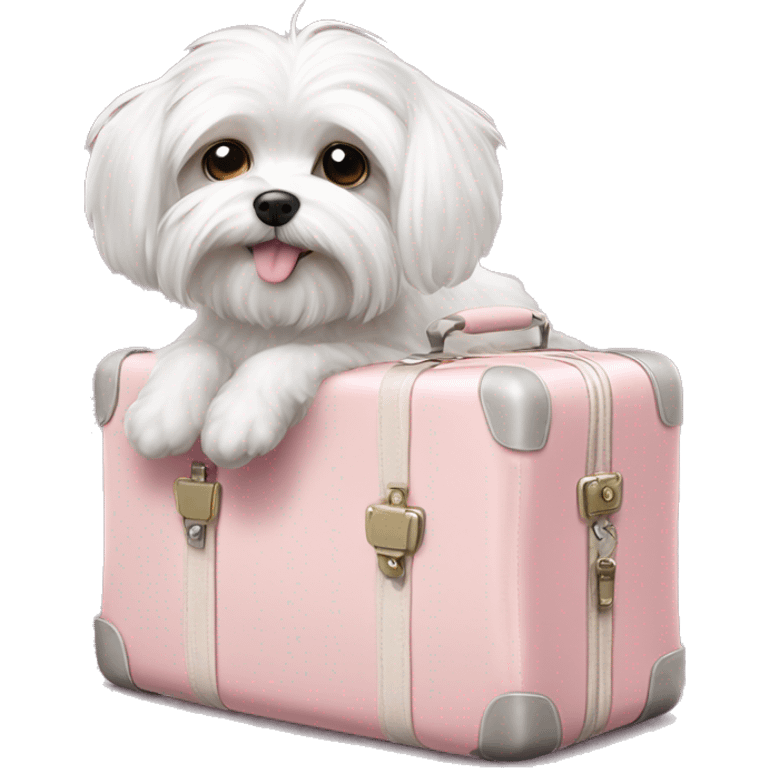 Maltese dog in a light pink bag standing on a suit case  emoji