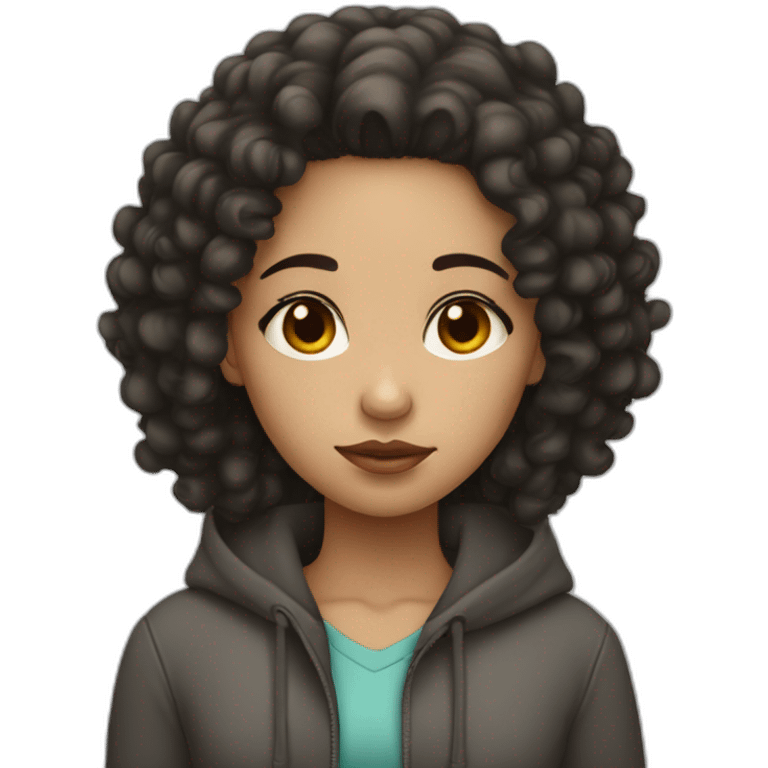 A light skin girl with black curly hair, sad emoji