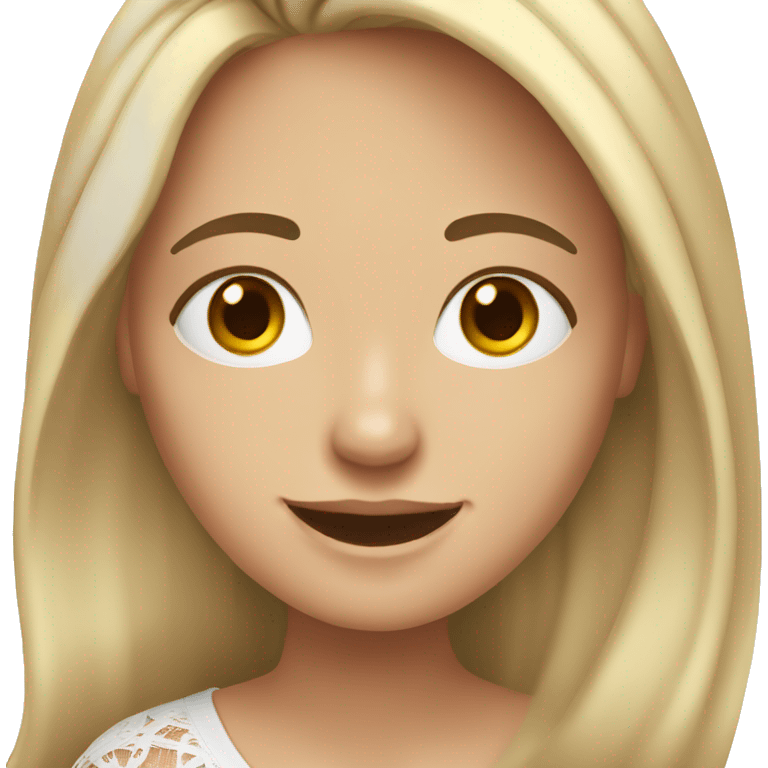 Spanish white girl, with no so long brown lacy hair, smiling in front of a laptop emoji