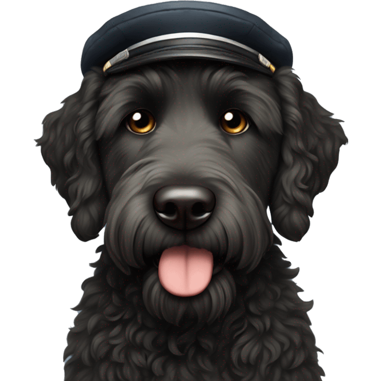 sad black labradoodle dog's face with and long nose and a pilot cap on emoji