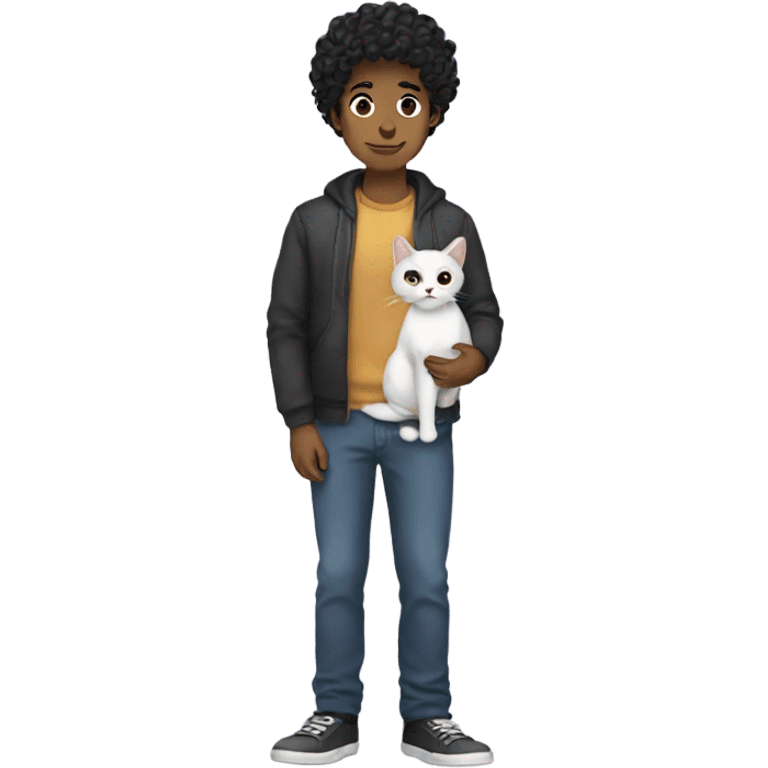 Standing Guy with short black curly hair holding a cat emoji