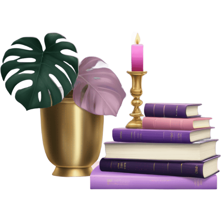 An elegant still life featuring a stack of light and dark violet books, a pink monstera plant, and a brass candle holder. emoji