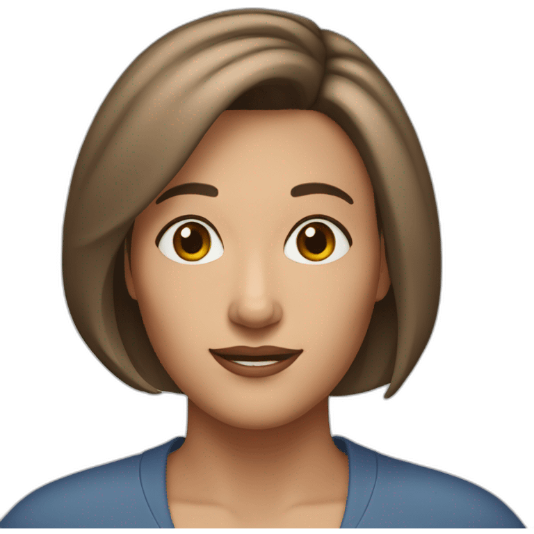 A 50-yo woman with a brownish Bob haircut with parting in the middleand blue eyes emoji