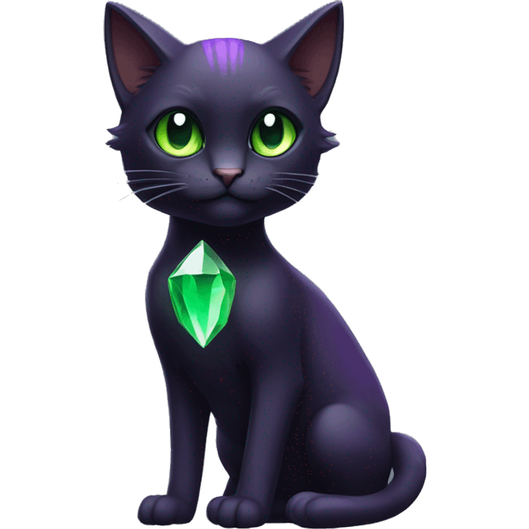 Black Dark-type-Fakémon-Cat Purple eyes, green gem on chest, full body emoji