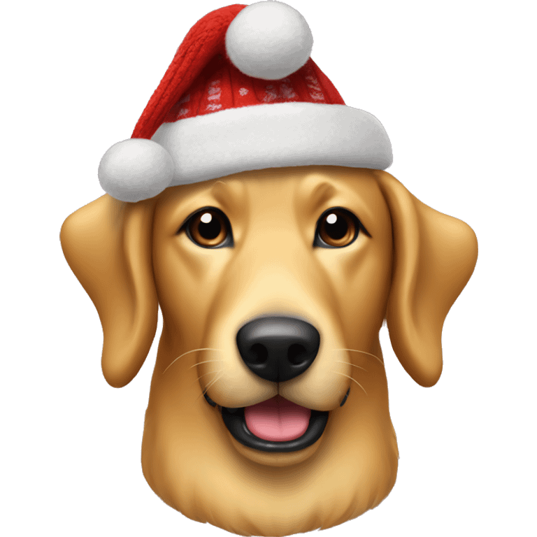 Large Golden dog with skinny snout and black mouth in a Christmas Sweater and hat emoji