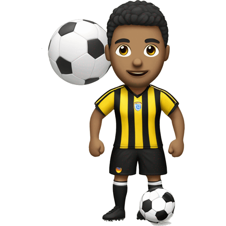 Futbolista con balon y camiseta a rayas amarillas y negras, jugador rubio emoji