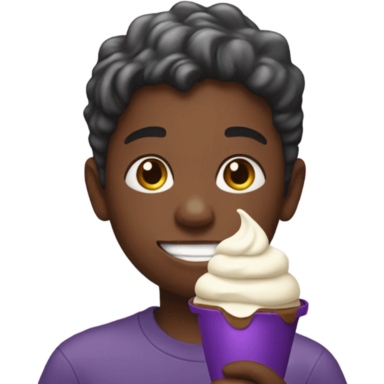 young boy covered in ice cream and holding an eggplant emoji