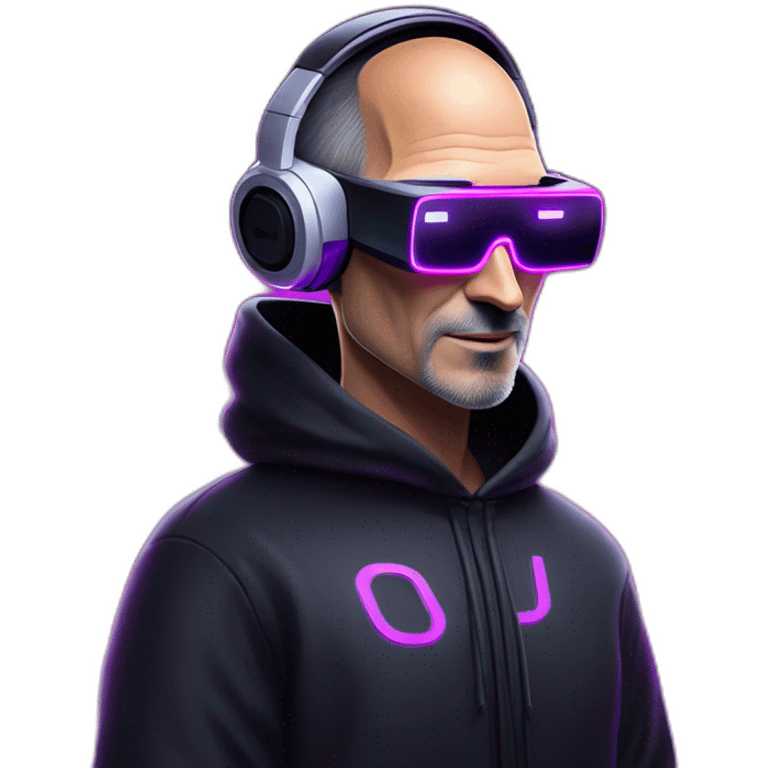 Steve Jobs wearing a black hoodie with "OMG" letters on it and VR headset in a cyberpunk VR environment with violet neon lighting. emoji