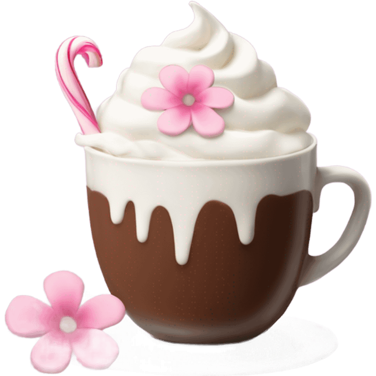 Hot chocolate with pale pink flower and whipped cream emoji