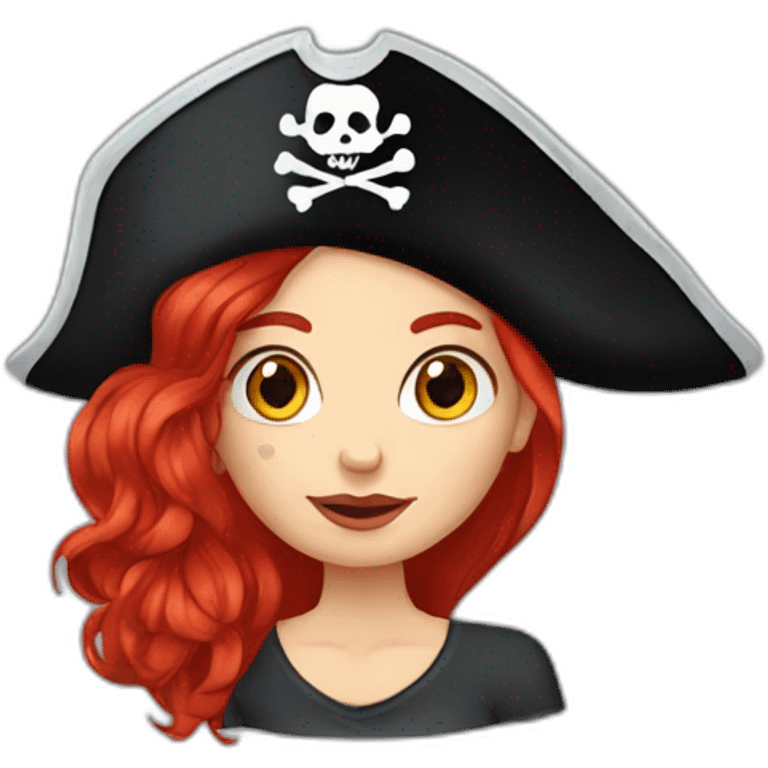 Woman long red hair on one side, other side of head is shaved. Tattoo under shaved hair. pirate hat, skull and crossbones t shirt emoji