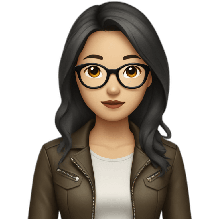 asian girl with glasses and a leather jacket with a  khaki shirt and long dark hair emoji