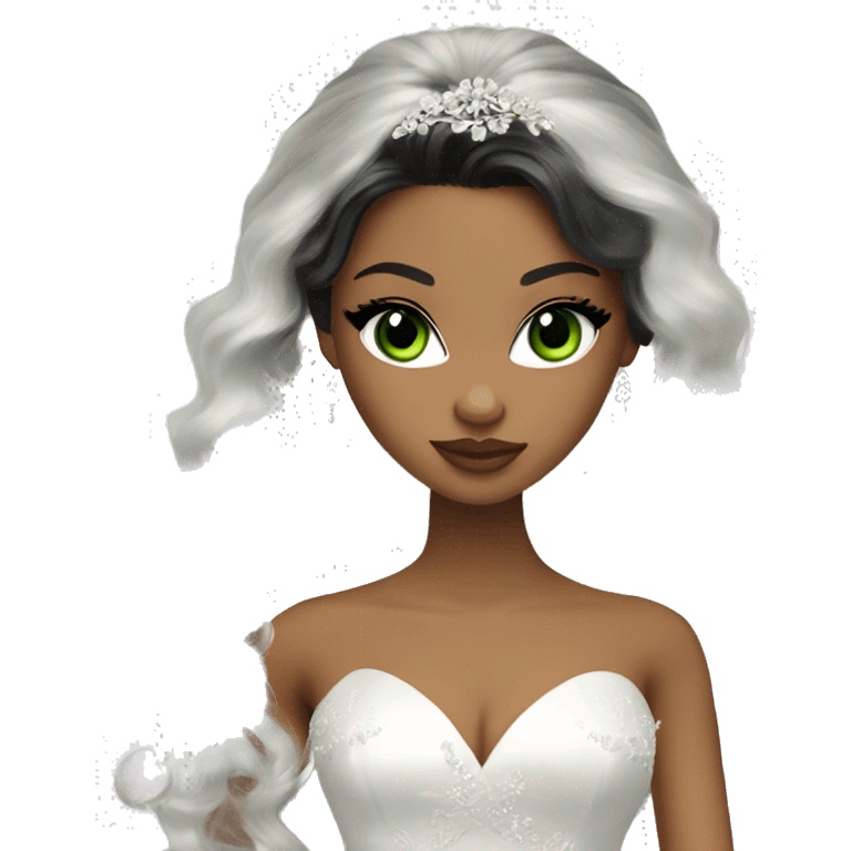 Bratz, bride, black wavy long hair, olive skin, green almond cat eyes emoji