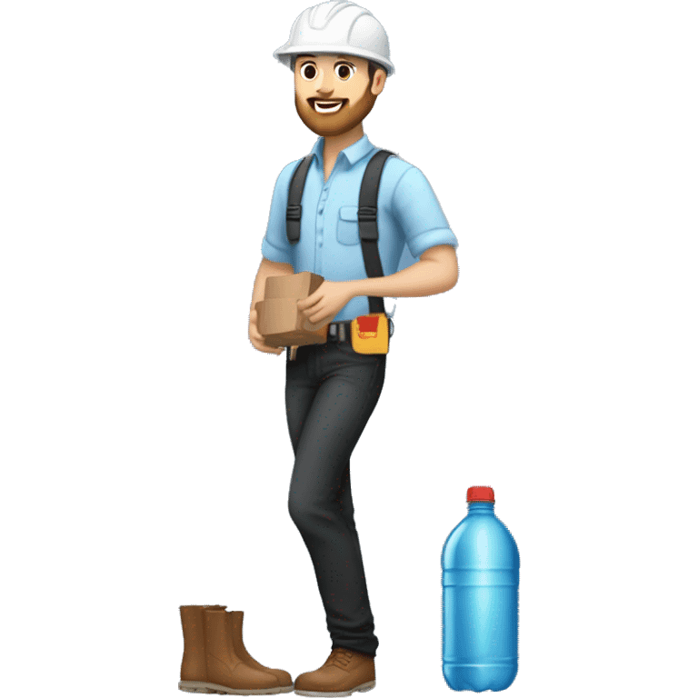 Mid white engineer wearing light blue blouse and black jeans and brown safety shoes and white helmet and he has a slight beard and holding black water bottle and groceries  emoji