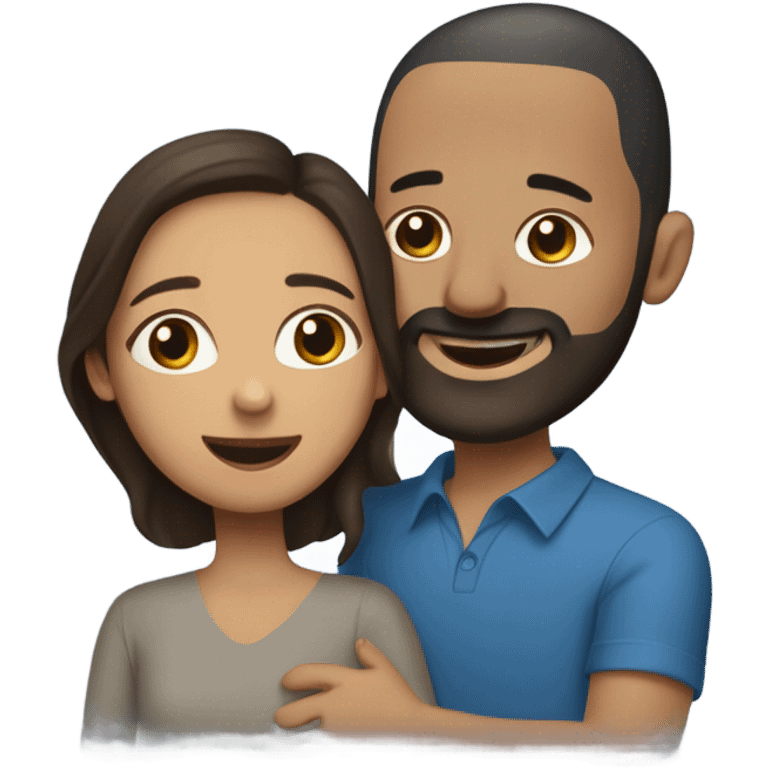 Brunette Puerto Rican with dark brown eyes wearing a cute blue blouse giving comforting hug to short, bald man with brown eyes, laugh lines, and a beard emoji