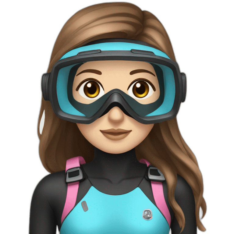 woman large brown and straight hair, black and pink diving mask with a single crystal, light blue eyes, scubadiving gear emoji