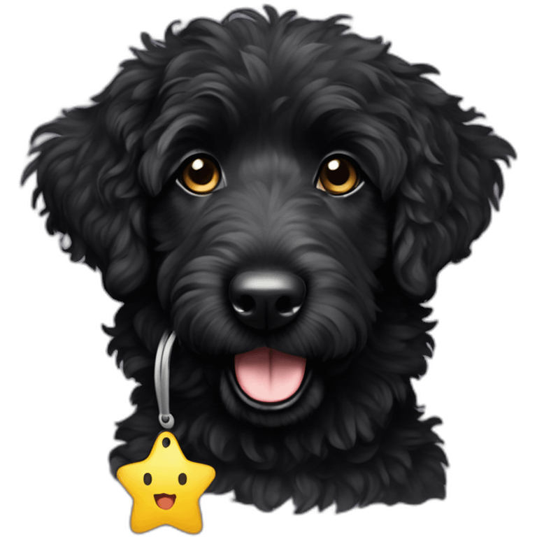 fully black aussie doodle with a star-shaped tag emoji