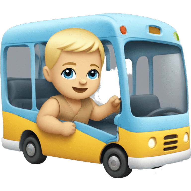 Baby playing with a toy bus blue eyes and blonde hair  emoji