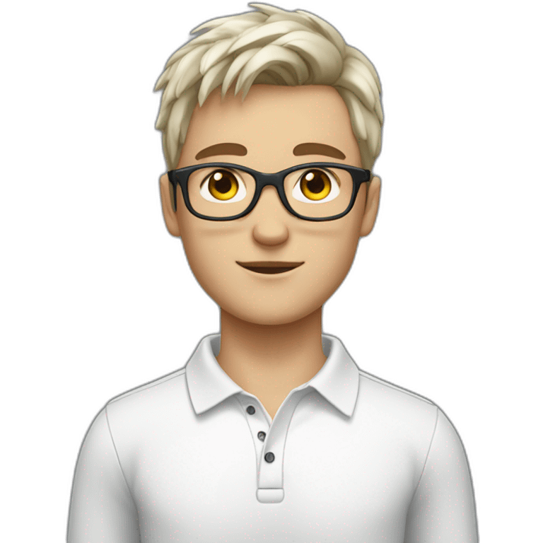 young white European guy with a white polo and black hairs and grey glasses emoji