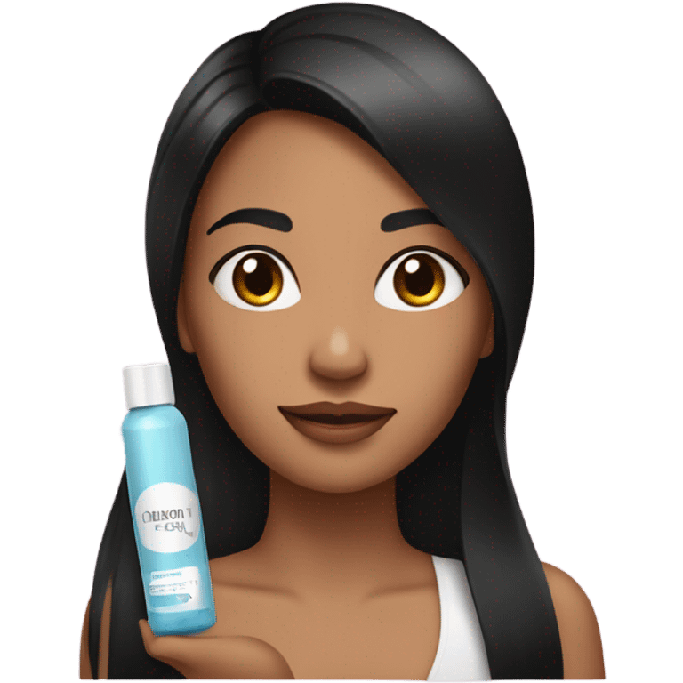 a woman with long straight black hair, with skin care products in her hand emoji