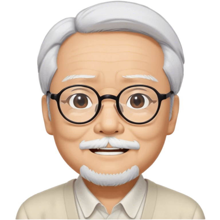 ​Cinematic Realistic Portrait of Hayao Miyazaki, depicted with defined black eyebrows, and large rectangular glasses, his happy expression rendered in lifelike detail, illuminated with soft, realistic lighting that emphasizes his creative genius, emoji