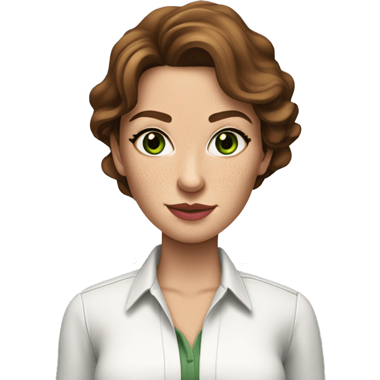 female real state agent with wavy brown hair an green eyes with nice pinkish lips dressed with a white shirt and a few freckles emoji