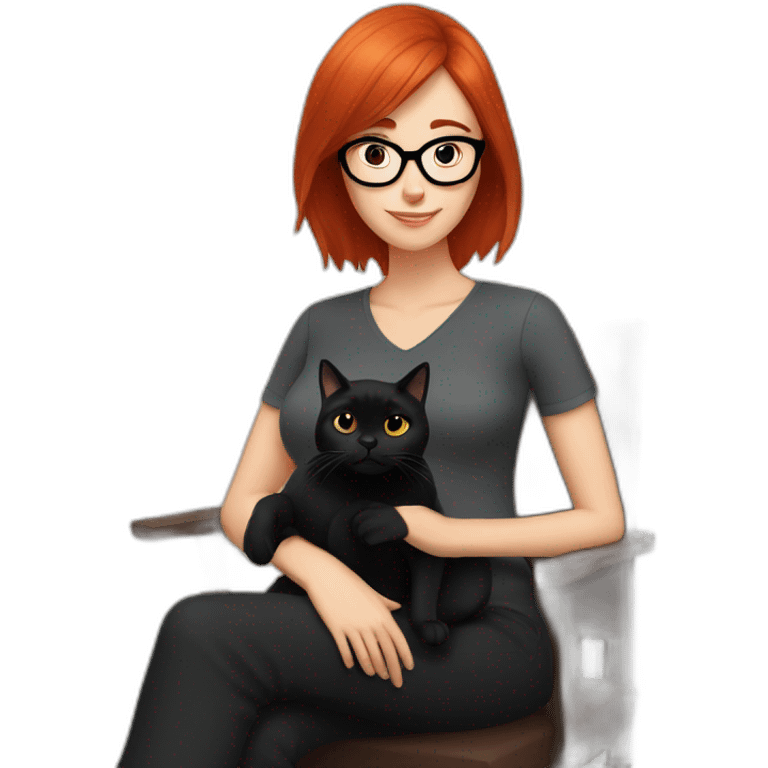 woman with straight red hair and black-rimmed glasses, with a black cat on her lap emoji