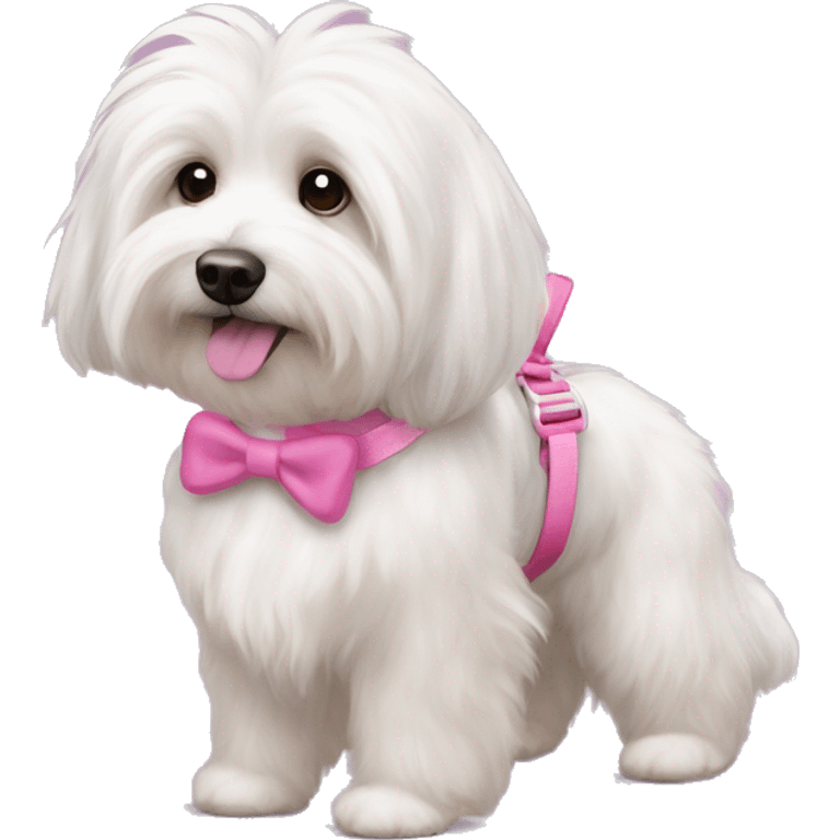 Long haired Coton de Tulear dog with pink harness and pink hair bow, pink dog bed, her name is Zoey emoji